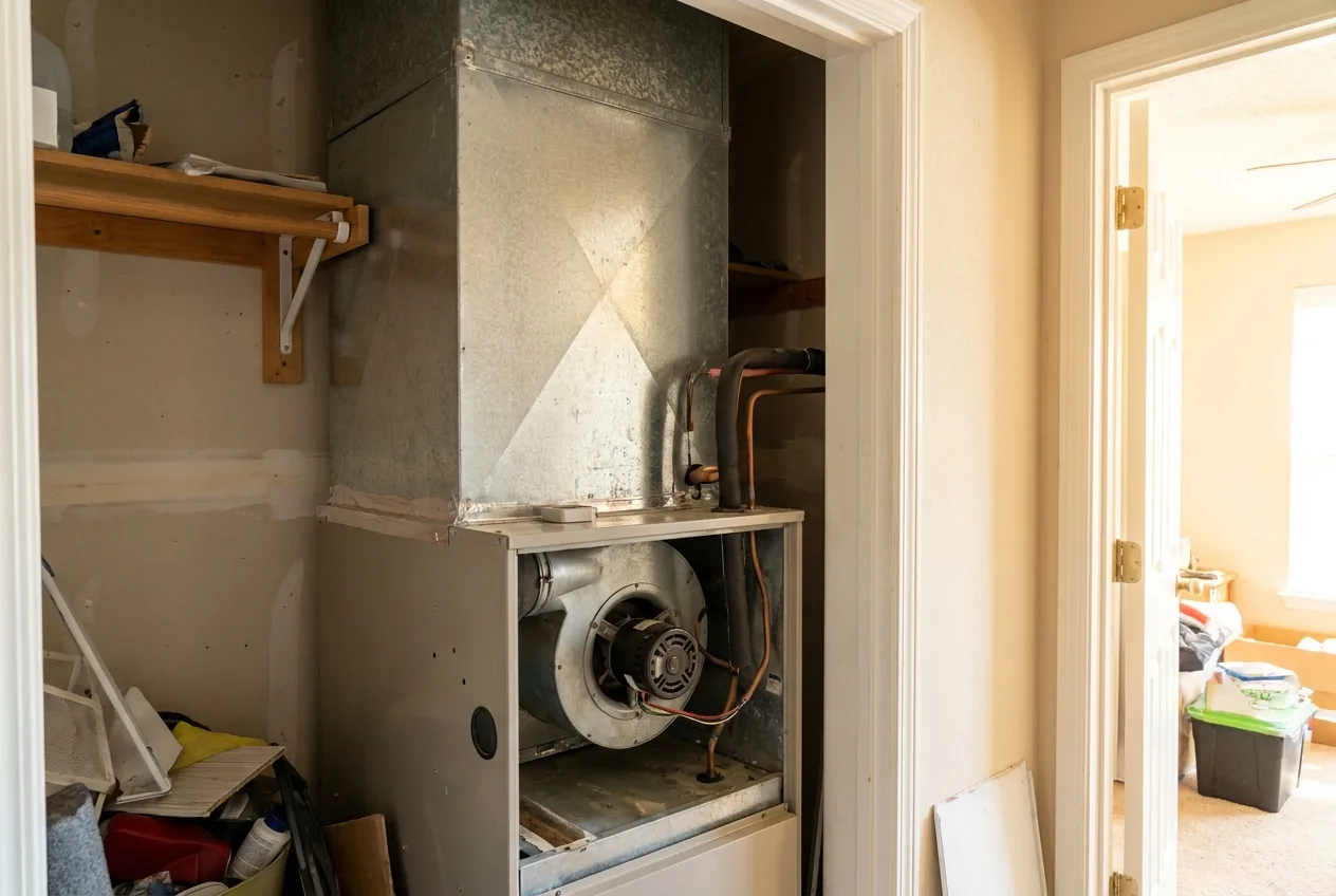 An indoor air handler in a closet, lower panel off, copper lines entering its side