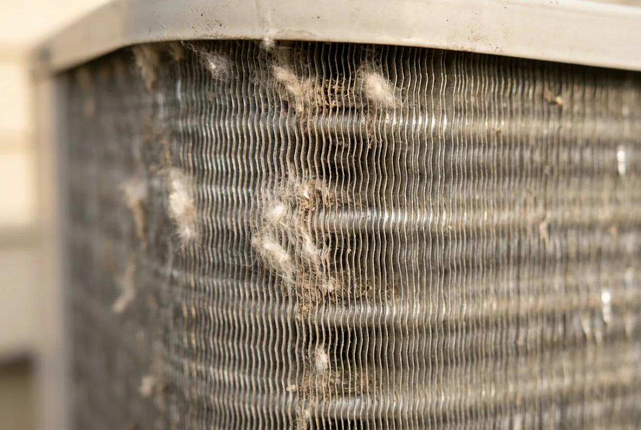 Close-up of an outdoor condenser's aluminium fins, with dust and cottonwood caught between them
