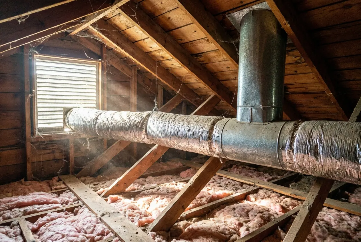Galvanized and insulated flexible ductwork crossing the rafters of an attic