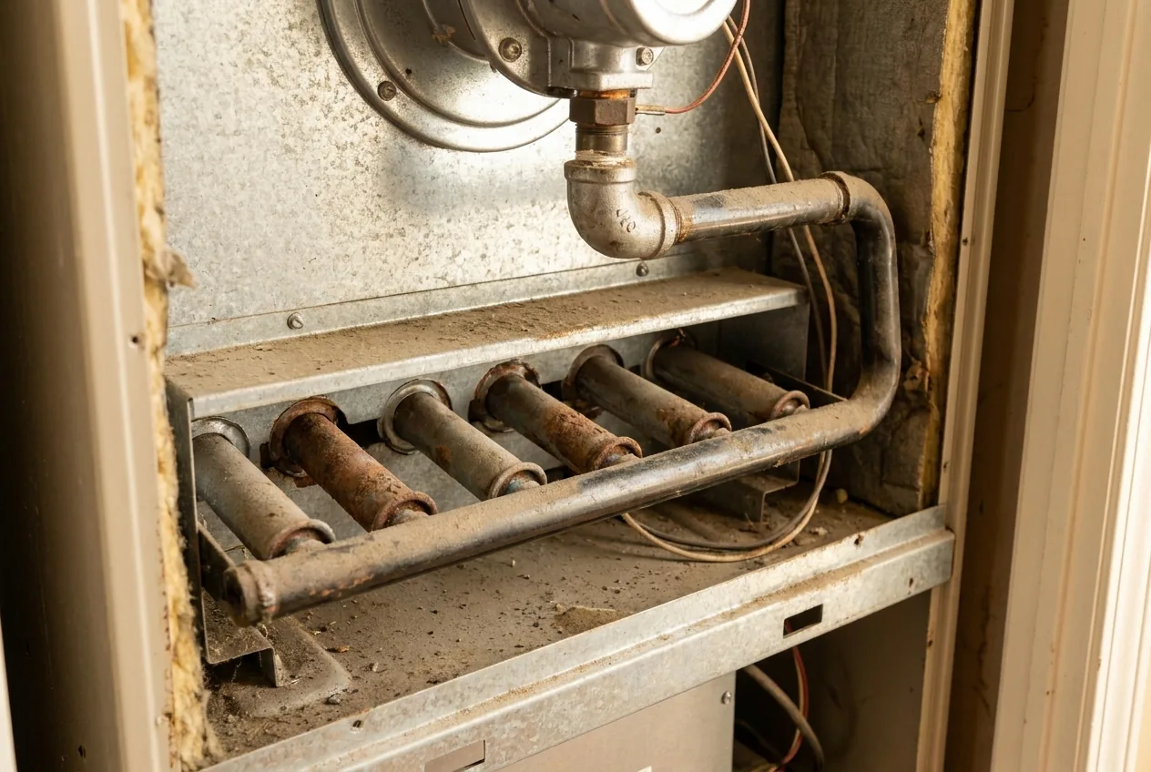 The unlit burner tubes and gas manifold inside a residential furnace with its panel removed