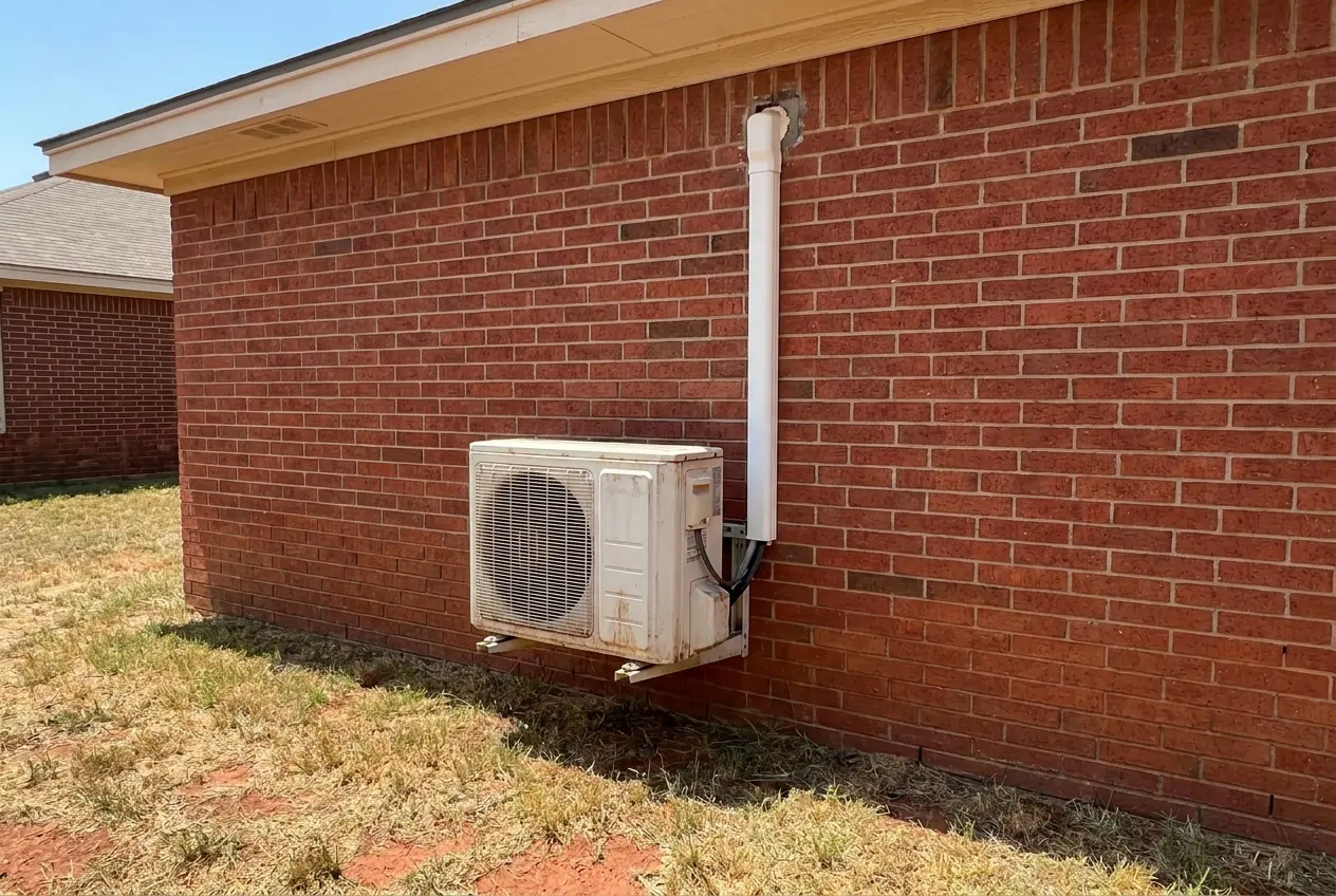 An outdoor mini split unit on a wall bracket, a white line-set cover running up the brick