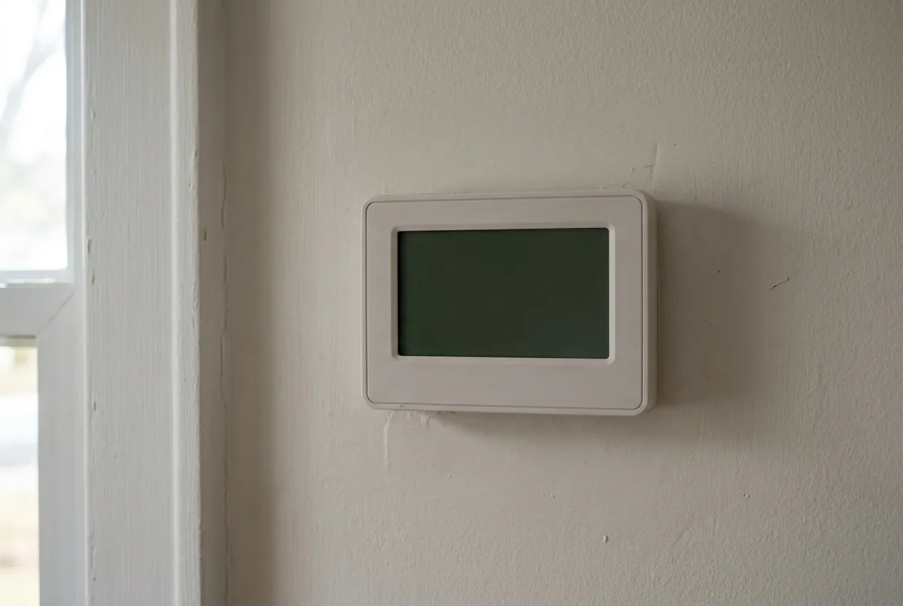 A plain digital thermostat with a blank screen on a painted wall beside a window